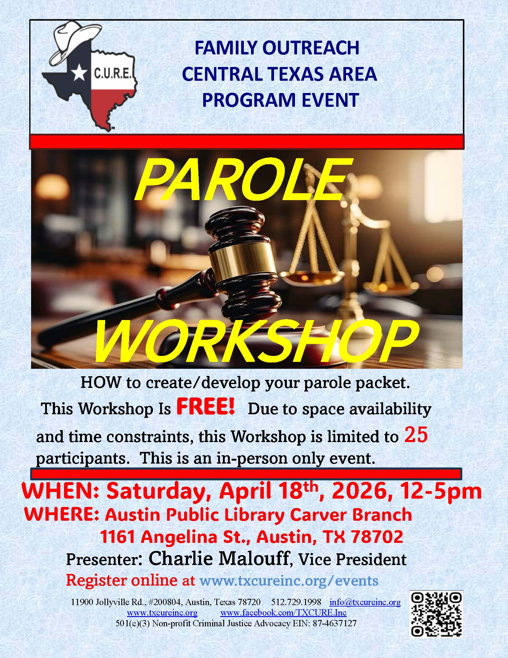 C.U.R.E. PAROLE WORKSHOP- AUSTIN FLYER 3-5-26